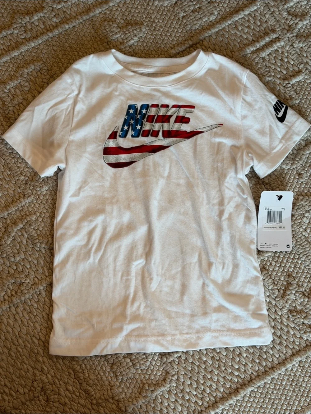 Nike White Kids' Tee with American Flag Swoosh